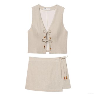 Women's Two Piece Cotton Linen Vest And Shorts Set V-Neck Beaded Tie Front Top High Waist Wrap Shorts Casual Vacation Oatmeal Outfits