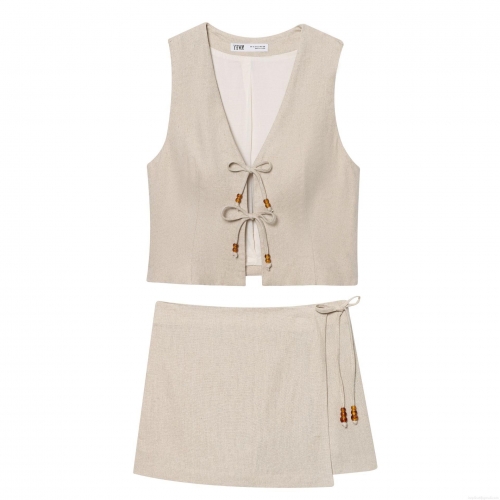 Women's Two Piece Cotton Linen Vest And Shorts Set V-Neck Beaded Tie Front Top High Waist Wrap Shorts Casual Vacation Oatmeal Outfits