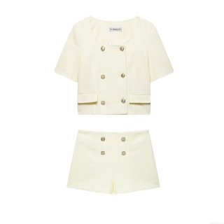 Women's Elegant Pale Yellow Tweed Two Piece Set Short Sleeve Double Breasted Blazer And High Waist Shorts With Gold Buttons Office Lady Suit