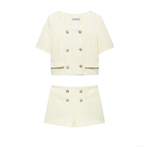 Women's Elegant Pale Yellow Tweed Two Piece Set Short Sleeve Double Breasted Blazer And High Waist Shorts With Gold Buttons Office Lady Suit