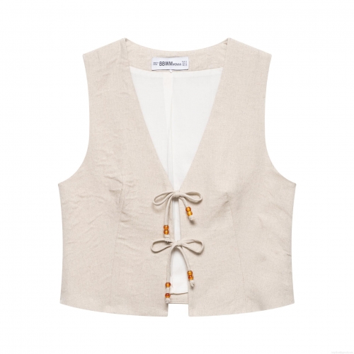 Women's Two Piece Set Sleeveless Deep V-Neck Tie Up Vest And Wrap Around Shorts With Beaded Detail Casual Summer Beach Vacation Boho Style Beige Oatmeal