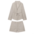 Women Striped Blazer and Shorts Set Polyester Long Sleeve Notched Lapel Belted Waist Casual Office Suit for Women Business Streetwear