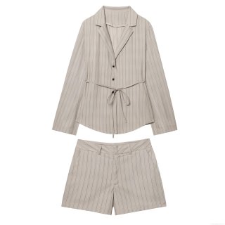Women Striped Blazer and Shorts Set Polyester Long Sleeve Notched Lapel Belted Waist Casual Office Suit for Women Business Streetwear