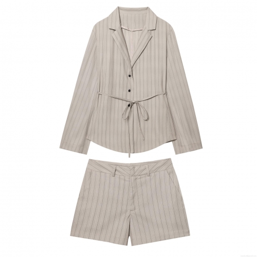 Women Striped Blazer and Shorts Set Polyester Long Sleeve Notched Lapel Belted Waist Casual Office Suit for Women Business Streetwear
