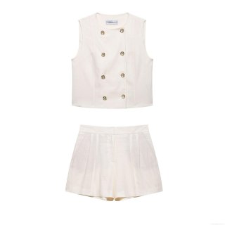 Women Chic 2 Piece Shorts Set Elegant Double Breasted Sleeveless Vest Waistcoat and High Waist Pleated Shorts Linen Like Polyester Streetwear Summer Office Outfit