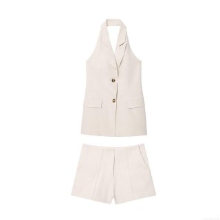 Women European Style Linen Cotton Halter Waistcoat Vest And High Waist Shorts Two Piece Set Beige Summer Sleeveless Button Up Casual Suit