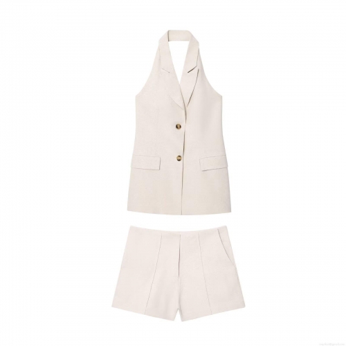 Women European Style Linen Cotton Halter Waistcoat Vest And High Waist Shorts Two Piece Set Beige Summer Sleeveless Button Up Casual Suit