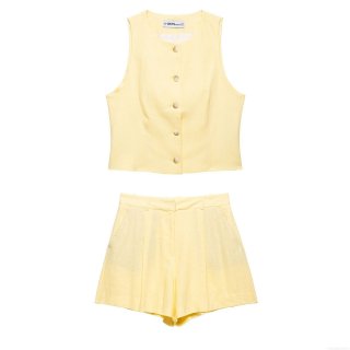 Women's Casual 2 Piece Summer Set Single-Breasted Sleeveless Vest Top And High Waisted Pleated Shorts Linen-Like Polyester Outfit For Streetwear