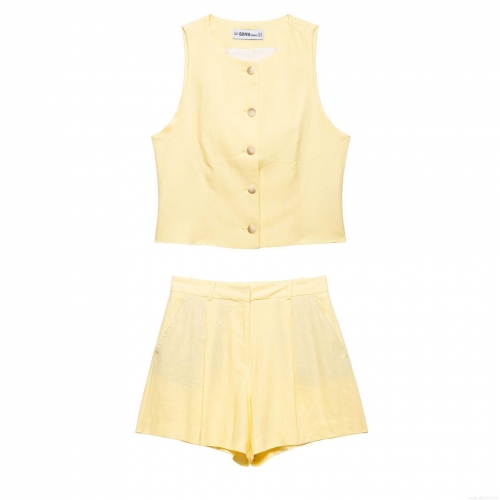 Women's Casual 2 Piece Summer Set Single-Breasted Sleeveless Vest Top And High Waisted Pleated Shorts Linen-Like Polyester Outfit For Streetwear