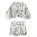 Women 100% Cotton Boho Embroidery Shorts Set V Neck Tie Front Bubble Sleeve Crop Top Scalloped Eyelet Hollow Out High Waist Shorts Summer Vacation Outfit