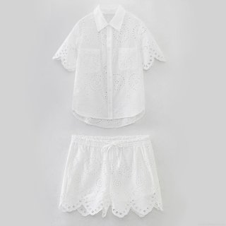 Women's White 100% Cotton Hollow Embroidery Shirt And Shorts Set Bohemian Eyelet Lace Two Piece Summer Casual Holiday Outfit For Lady
