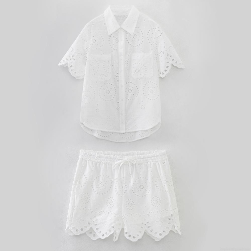 Women's White 100% Cotton Hollow Embroidery Shirt And Shorts Set Bohemian Eyelet Lace Two Piece Summer Casual Holiday Outfit For Lady
