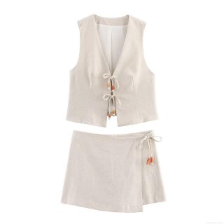 Women's Two-Piece Linen Blend Set Deep V Neck Tie-Up Vest And Beaded Wrap Skort Oatmeal Bohemian Summer Beach Vacation Outfit