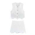 Women White Cotton Blend Eyelet Embroidery 2 Piece Set Broderie Anglaise Sleeveless Vest Top And Culottes Shorts With Gold Buttons Summer Beach Vacation Outfit