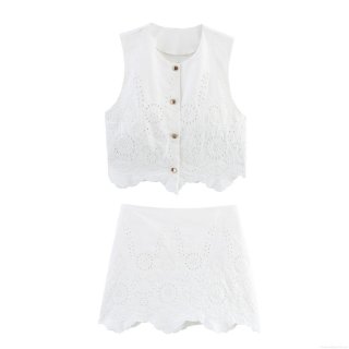 Women White Cotton Blend Eyelet Embroidery 2 Piece Set Broderie Anglaise Sleeveless Vest Top And Culottes Shorts With Gold Buttons Summer Beach Vacation Outfit