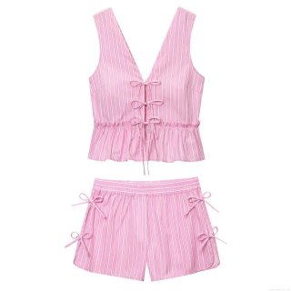 Women's Pink White Vertical Stripe Two Piece Set Bow Tie V Neck Sleeveless Crop Top With Ruffle Hem And Side Tie Elastic Waist Shorts Summer Casual Beachwear Streetwear Outfits