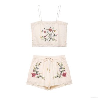 Women's Two Piece Shorts Set Embroidery Daisy Floral Cami Crop Top and Drawstring Shorts Set 100% Polyester Woven Fabric With Lace Trim Casual Boho Summer Outfit