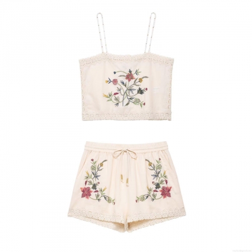 Women's Two Piece Shorts Set Embroidery Daisy Floral Cami Crop Top and Drawstring Shorts Set 100% Polyester Woven Fabric With Lace Trim Casual Boho Summer Outfit