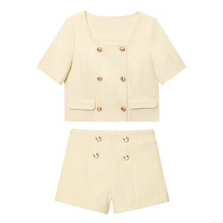Women Tweed Two Piece Set Short Sleeve Double Breasted Jacket and Shorts Elegant Light Yellow Vintage Style Formal Party Casual Suit for Ladies