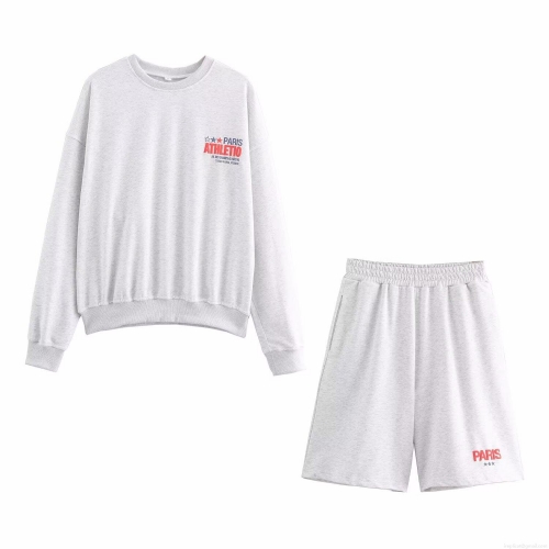 Women's 2 Piece Sporty Sweatsuit Set Round Neck Long Sleeve Sweatshirt and Drawstring Shorts Light Grey Paris Athletic Letter Print Casual Loungewear Tracksuit for Women