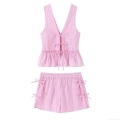 Women's Pink White Striped Two Piece Set V-Neck Bow Peplum Top and Elastic Waist Shorts Summer Casual Beach Holiday Co-ords Outfit