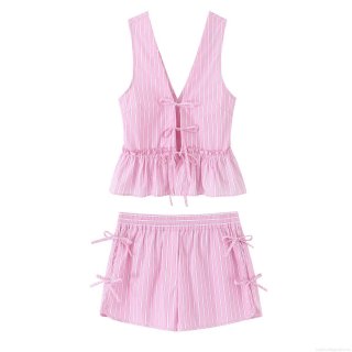 Women's Pink White Striped Two Piece Set V-Neck Bow Peplum Top and Elastic Waist Shorts Summer Casual Beach Holiday Co-ords Outfit