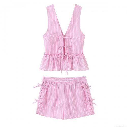 Women's Pink White Striped Two Piece Set V-Neck Bow Peplum Top and Elastic Waist Shorts Summer Casual Beach Holiday Co-ords Outfit