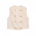 Women Linen Cotton Blend Two Piece Shorts Set Double Breasted Vest Sleeveless Top And High Waisted Pleated Casual Shorts With Gold Buttons Beige Summer Outfit