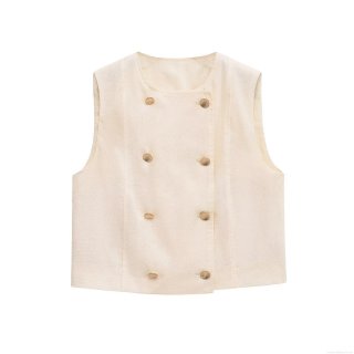 Women Linen Cotton Blend Two Piece Shorts Set Double Breasted Vest Sleeveless Top And High Waisted Pleated Casual Shorts With Gold Buttons Beige Summer Outfit