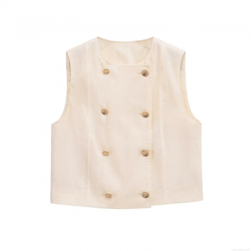 Women Linen Cotton Blend Two Piece Shorts Set Double Breasted Vest Sleeveless Top And High Waisted Pleated Casual Shorts With Gold Buttons Beige Summer Outfit
