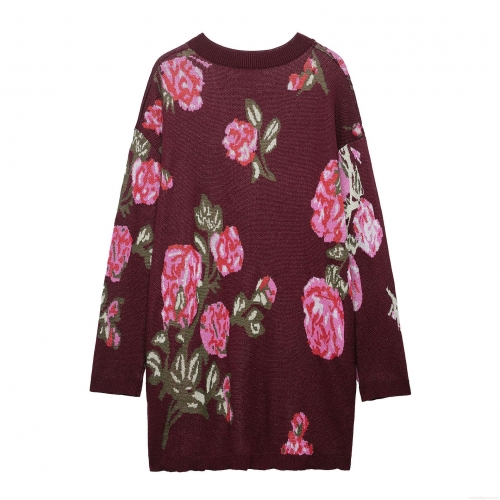 Women's Vintage Wine Red Knit Set Floral Jacquard V-Neck Cardigan With 3D Rose Cami Top And Shorts 3 Piece Knitted Streetwear Fashion Loungewear Outfit