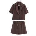 Women's Casual Two Piece Shorts Set Faux Linen Texture Short Sleeve Blazer and Drawstring Shorts Solid Color Coffee Brown Streetwear Summer Outfit for Women