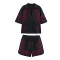 Women's Casual Cotton Blend Embroidered Shirt And Shorts Set Two Piece Outfits V Neck Short Sleeve Top With Scalloped Edge Drawstring Shorts Black Red Floral Embroidery