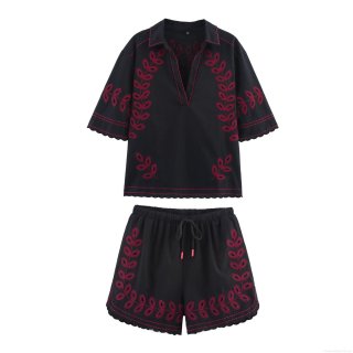 Women's Casual Cotton Blend Embroidered Shirt And Shorts Set Two Piece Outfits V Neck Short Sleeve Top With Scalloped Edge Drawstring Shorts Black Red Floral Embroidery