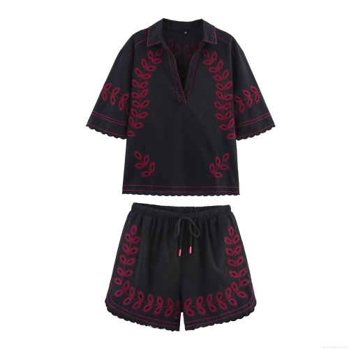 Women's Casual Cotton Blend Embroidered Shirt And Shorts Set Two Piece Outfits V Neck Short Sleeve Top With Scalloped Edge Drawstring Shorts Black Red Floral Embroidery