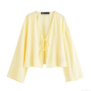 Women Casual Crinkle Two Piece Set Light Yellow Long Sleeve V-Neck Tie-Up Top And Elastic Waist Shorts Summer Breathable Streetwear Loungewear Outfit