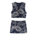 Women Retro Denim Cotton Blend Paisley Embroidery Two Piece Set Vintage Floral Embroidered V Neck Short Vest And Mini Skort Shorts For Summer Casual Streetwear