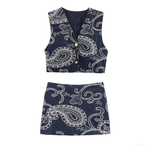 Women Retro Denim Cotton Blend Paisley Embroidery Two Piece Set Vintage Floral Embroidered V Neck Short Vest And Mini Skort Shorts For Summer Casual Streetwear