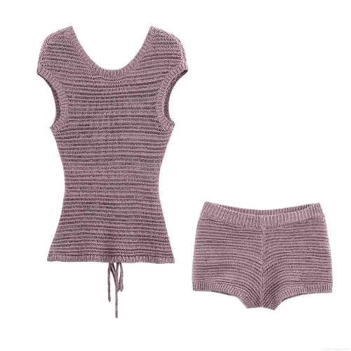 Women's 2-Piece Knitted Shorts Set Ribbed Sleeveless V-Neck Drawstring Top And Matching Shorts Casual Loungewear Tracksuit For Women Streetwear Dusty Rose