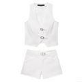 Women's Casual White Denim Two-Piece Set Sleeveless V-Neck Vest With Metal Buckles And Mid Waist Shorts Outfit
