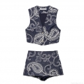 Women's Two Piece Set Navy Blue Denim Texture Paisley Embroidered Vest Top and High Waist Culottes Shorts Boho Summer Outfits Streetwear