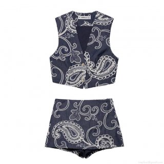 Women's Two Piece Set Navy Blue Denim Texture Paisley Embroidered Vest Top and High Waist Culottes Shorts Boho Summer Outfits Streetwear