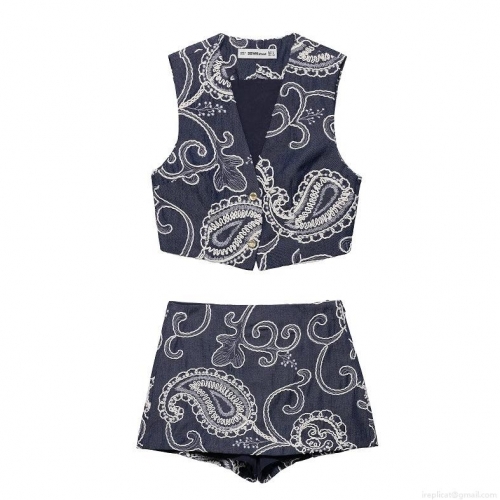 Women's Two Piece Set Navy Blue Denim Texture Paisley Embroidered Vest Top and High Waist Culottes Shorts Boho Summer Outfits Streetwear