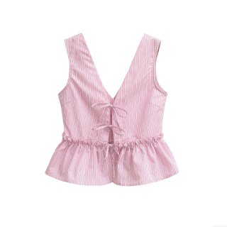 Women's Pink White Striped V-Neck Sleeveless Top and Shorts Two-Piece Set Summer Casual Bow Tie Ruffle Trim Outfit