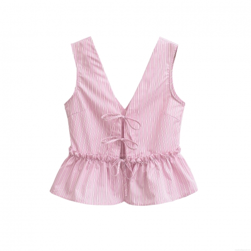 Women's Pink White Striped V-Neck Sleeveless Top and Shorts Two-Piece Set Summer Casual Bow Tie Ruffle Trim Outfit