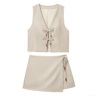 Women's Two Piece Linen Blend Set Sleeveless V Neck Tie Front Vest And Wrap Shorts Skort With Wood Beads Decor Casual Summer Vacation Outfit