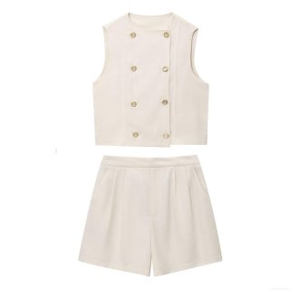 Women's Two Piece Set Casual Linen Blend Double Breasted Vest And High Waist Pleated Shorts Summer Solid Color Sleeveless Waistcoat Outfit