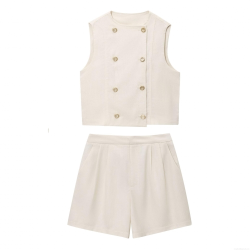 Women's Two Piece Set Casual Linen Blend Double Breasted Vest And High Waist Pleated Shorts Summer Solid Color Sleeveless Waistcoat Outfit