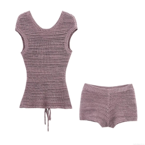 Women's Casual Knit Two-Piece Set Hollow Out Sleeveless Drawstring Top And High Waist Shorts Solid Color Streetwear Summer Beach Outfits