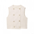 Women's Casual Linen Blend Style Two Piece Set Double Breasted Sleeveless Vest Waistcoat and High Waist Pleated Shorts with Gold Buttons Solid Color Summer Outfits